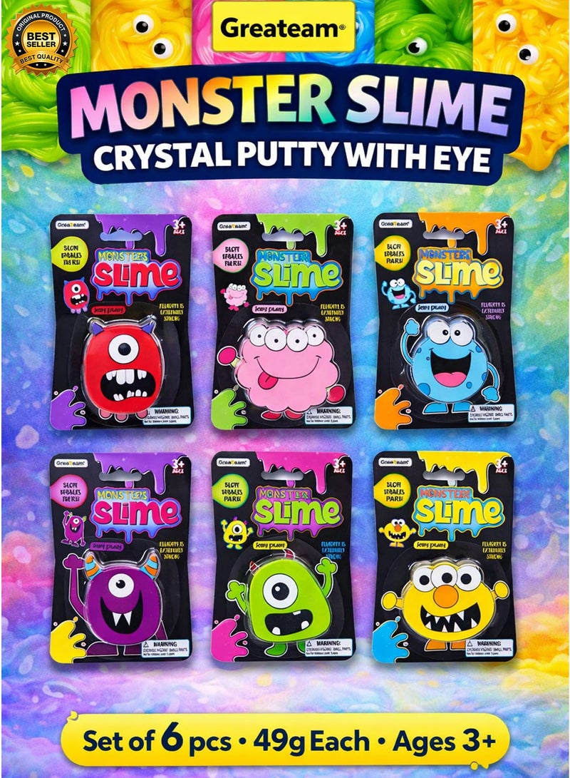 Greateam Monster Slime Crystal Putty With Eye – Set of 6 Pcs / 6 Pack (49g Each) Assorted Colors Monster Slime Putty Toy With Googly Eyes Crystal Slime Putty Stretchy Slime Squishy Putty Gooey Slime Sensory Play Fidget Toy for Kids Squeeze Stretch Pull Twist Mold Shape Fun Collectible Monster Packs Stress Relief Anti Stress Putty Kids Children Learning Toys Ideal Gift for Boys & Girls Party Bag Fillers School Prizes Birthday Giveaways Age 3+ Best Gift for Ramadan - Image 1